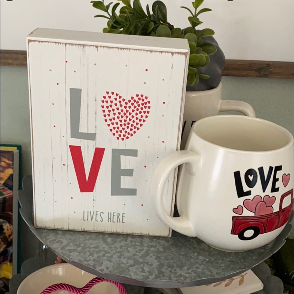Love lives here sign and Red Truck Coffee Mug